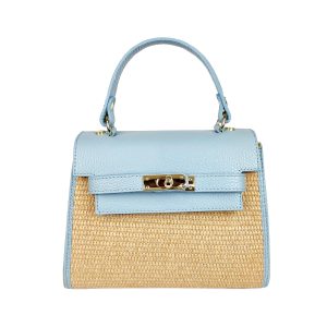 borsa a mano in rafia e pelle azzurra