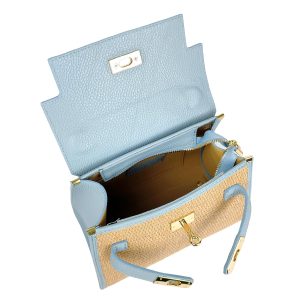 borsa a mano in rafia e pelle azzurra