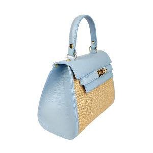 borsa a mano in rafia e pelle azzurra