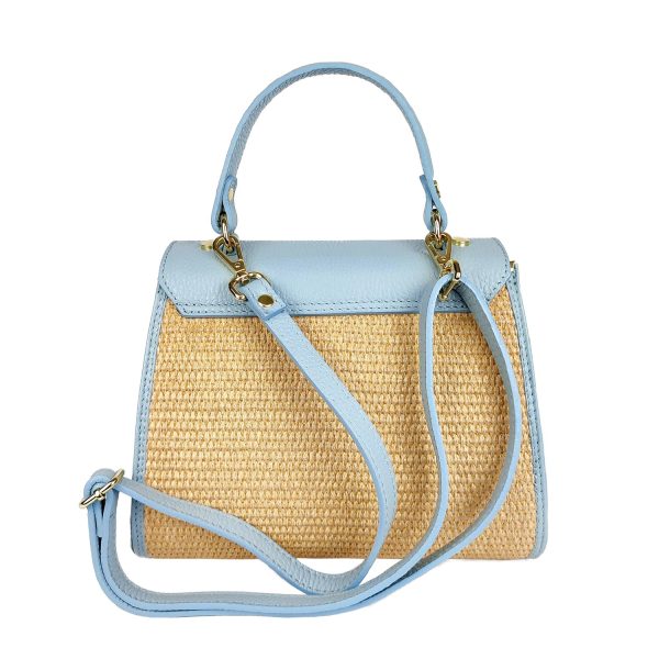 borsa a mano in rafia e pelle azzurra
