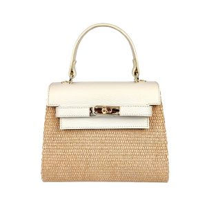 borsa a mano in rafia e pelle panna