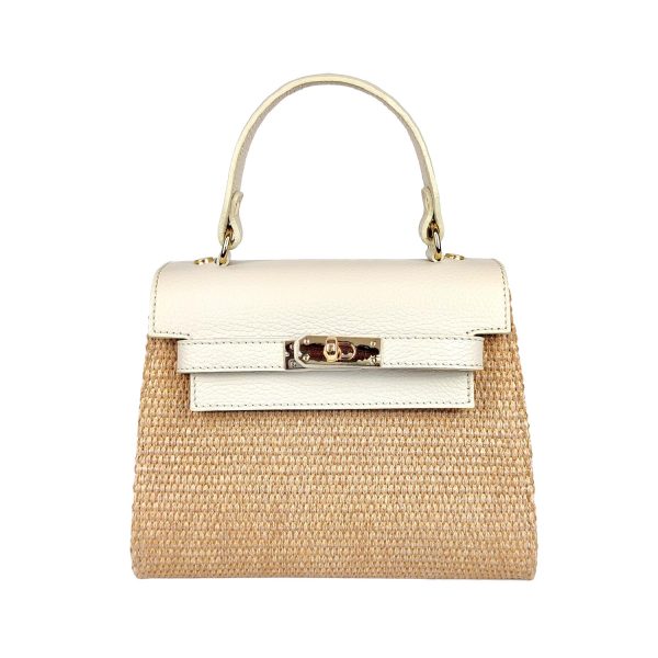 borsa a mano in rafia e pelle panna