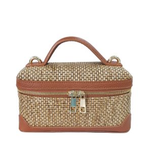 borsa in rafia e pelle marrone