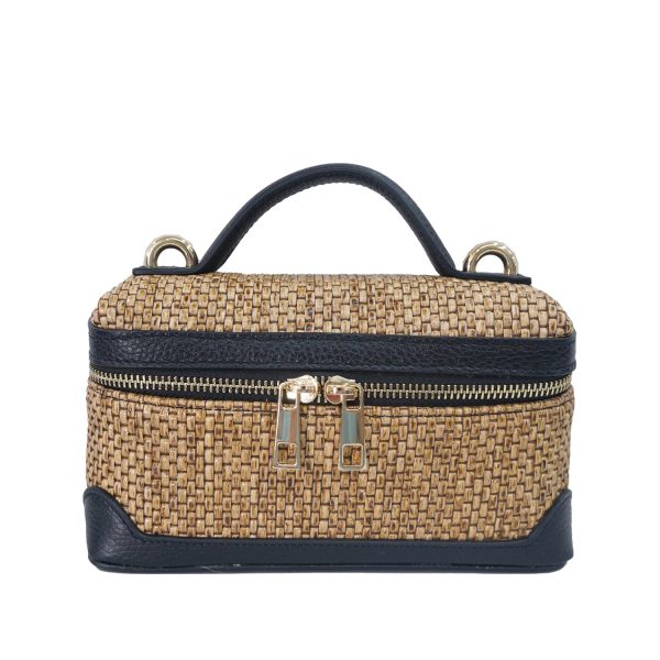 borsa in rafia e pelle nero